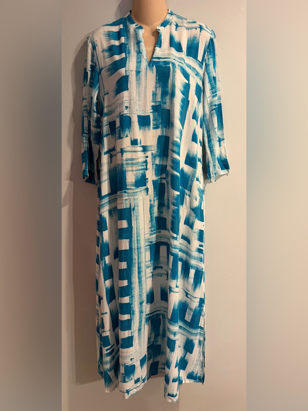 N NATORI Abstract Print Caftan Maxi Rayon Dress Gown Lounge Coverup size S